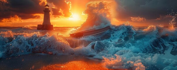 Aufkleber - Dramatic stormy ocean sunset with crashing waves and lighthouse, showcasing nature's raw power and beauty.