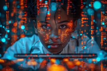 Poster - A young woman's face with digital enhancements conveys an immersive technology atmosphere