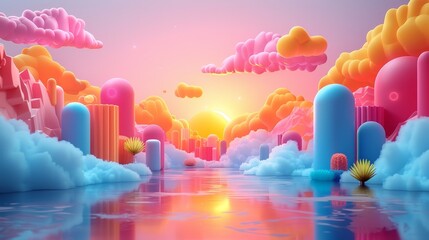 Wall Mural - 3D illustration of a surreal landscape featuring colorful cylindrical formations and whimsical clouds reflecting in a serene water surface.