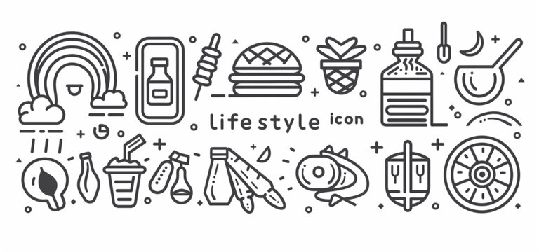 Set of lifestyle outline icons such as sport, healthy eating and exercise on a white background.