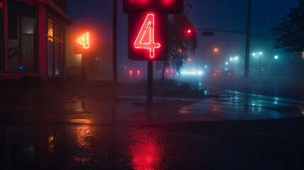 Wall Mural - A neon sign with the number 4 on it is lit up in the night