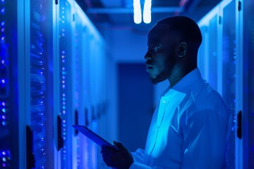 Poster - Professional technician with obscured face using a tablet while examining server racks in a data center