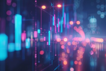 Poster - Abstract image of glowing financial charts and graphs with futuristic blue and pink lights