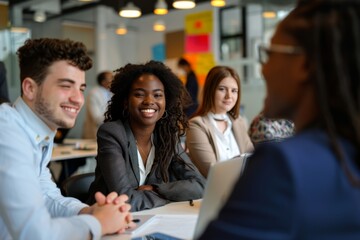 Poster - A group of diverse professionals engaged in a meeting at a brightly lit office space, smiling and discussing