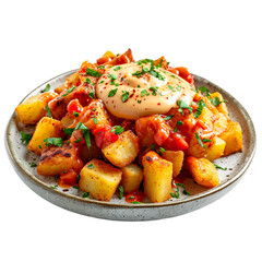 Wall Mural - front view of Patatas Bravas with crispy fried potatoes, topped with a spicy tomato-based sauce and aioli, food photography style isolated on a white transparent background