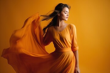 A woman in a long orange dress is standing in front of a yellow background