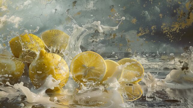 A painting of a bunch of lemons splashing in water