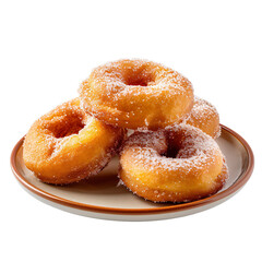 Canvas Print - Front view of Rosquillas (Spanish doughnuts) with a dusting of sugar, served on a traditional Spanish dessert plate, food photography style isolated on a white transparent background