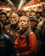 © kokoson6 - A woman in a red jacket stands amidst a crowded train station, looking up with a thoughtful expression.