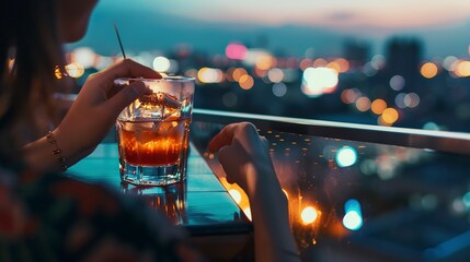 Poster - Tourist at a rooftop bar, close-up on a cocktail with city lights glittering in the background 