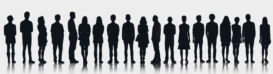 
Silhouettes of people standing in rows, business team and family concept vector illustration with black color isolated on white background