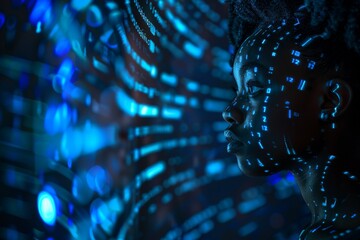 Fototapete - Portrait of a woman with digital code projected on her face, symbolizing the fusion of human and technology