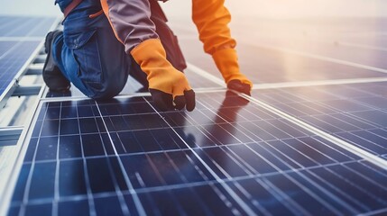 Aufkleber - Service engineer checking solar cell on the roof for maintenance if there is a damaged part Engineer worker install solar panel Clean energy concept : Generative AI