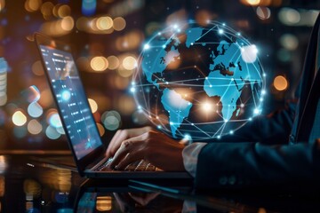 Poster - A concept image visualizing global connectivity with a user working on a laptop and network graphics overlay