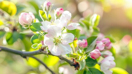 Wall Mural - Apple tree buds of pink and white flowers on a branch in the spring Blooming garden in springtime Beauty in nature Copy space Plant cultivation Orchard in bloom May scenery : Generative AI