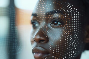 Poster - Portrait of a thoughtful young woman with futuristic digital patterns overlaying her face, symbolizing technology integration