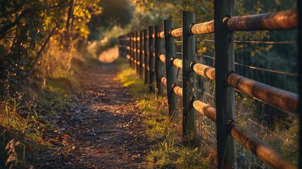 Wall Mural - A path through a forest with a wooden fence on the side