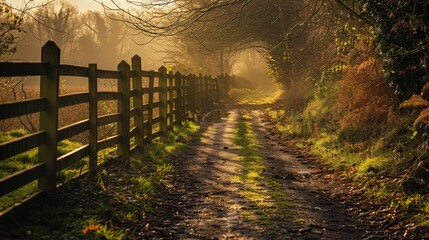 Wall Mural - A path through a forest with a wooden fence on the side