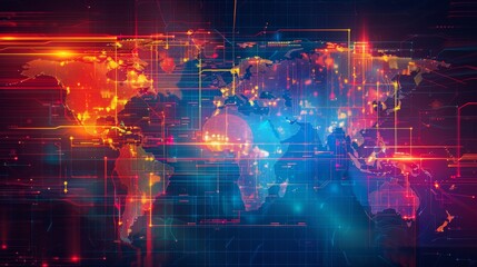Poster - A vibrant, digital world map with neon lights and abstract lines, representing global connectivity and modern technology concepts.