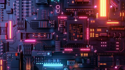 Wall Mural - Abstract close-up of a colorful, illuminated electronic circuit board showcasing modern technology and intricate digital components.