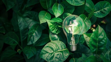 Poster - Green Energy Concepts Wireless Light Bulb surrounded by Green Leaf as Sign of Light On Carbon Neutral and Emission ESG for Clean Energy Sustainable Resources Renewable and Environmenta : Generative AI
