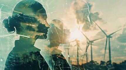 Poster - Double exposure graphic of business people working over wind turbine farm and green renewable energy worker interface Concept of sustainability development by alternative energy : Generative AI