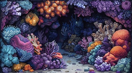 Vibrant underwater scene with colorful coral reef and marine life.