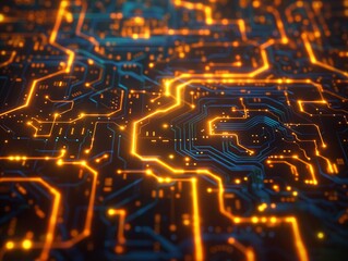 Wall Mural - A close-up view of a circuit board with glowing orange and blue pathways, resembling a futuristic cityscape.
