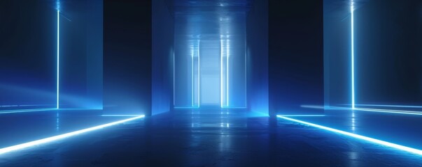 Wall Mural - Abstract futuristic corridor with glowing blue neon lights, modern sci-fi interior design, digital technology background.