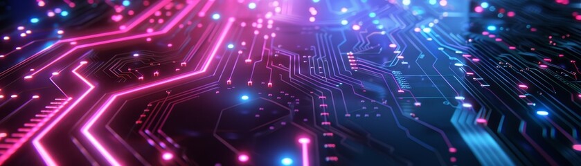Wall Mural - Abstract futuristic neon circuit board background, featuring glowing pink and blue lights in a high-tech electronic design.