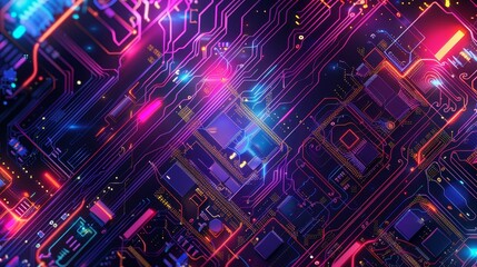 Poster - Abstract neon circuit board design with vibrant colors, representing modern technology and digital innovation.