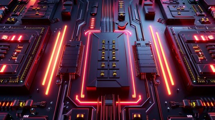 Wall Mural - Futuristic circuit board with glowing neon lights, showcasing advanced technology and intricate electronic components in high resolution.