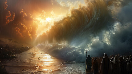 Moses parting the Red Sea in a dramatic biblical scene.