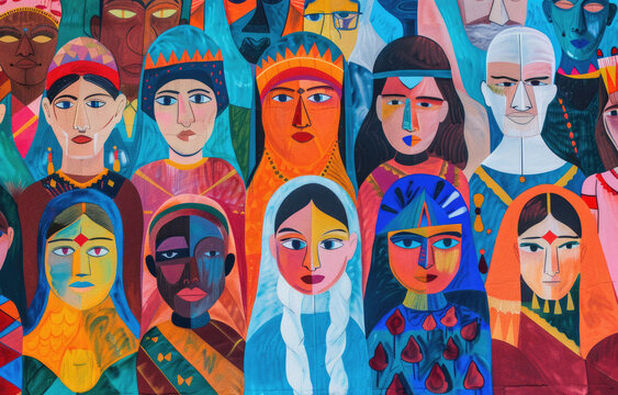 A vibrant and colorful mural depicting people from various ethnicities, all wearing different attire that reflects their cultural identity. 