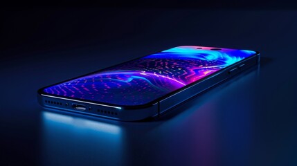 A phone is sitting on a table with a blue background
