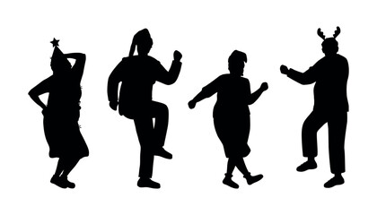 Wall Mural - Christmas Party. Silhouettes of People in Christmas Costumes. People dance. People Silhouettes. Black on White. Vector illustration