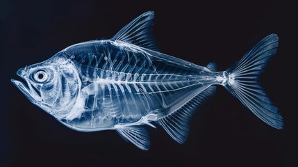 A fish skeleton from an X-ray photo of a piranha, laid on a black surface