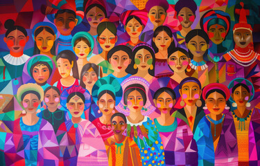 Canvas Print - A vibrant and colorful mural depicting people from various ethnicities, all wearing different attire that reflects their cultural identity. 