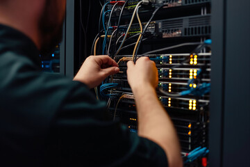 Side view of a man connecting wires in server cabinet with copy space