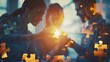 © AI Lab - Business people join puzzle pieces in office Concept of teamwork and partnership double exposure with light effects : Generative AI