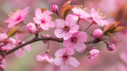 Wall Mural - Spring blossoms Tree branch with beautiful fresh pink flowers in full bloom close up Blooming sakura Floral background : Generative AI
