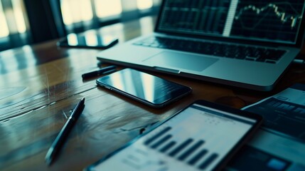 Aufkleber - business documents  with smart phone and laptop computer and graph financial with social network diagram : Generative AI