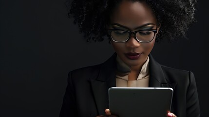 Poster - Business woman tablet and face with success and leadership technology and corporate communication Email networking and digital marketing with seo black woman executive in professional  : Generative AI
