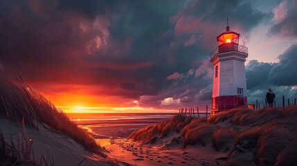 Wall Mural - Stunning sunset over the ocean with a lighthouse casting a warm glow on the shore, dramatic clouds adding depth to the scenic view.