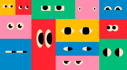 Wall Mural - Various colorful rectangles with Eyes. Geometric figures with face emotions. Different shapes. Hand drawn trendy Vector illustration. Cute funny characters