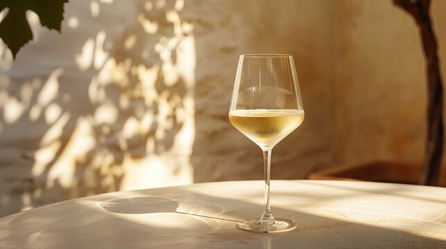 Glass of organic white wine in modern off-white minimalist trendy stylish cafe bar setting with stucco concrete wall, product photography, outdoors, sunny, bright, shadow play, close-up macro shot 