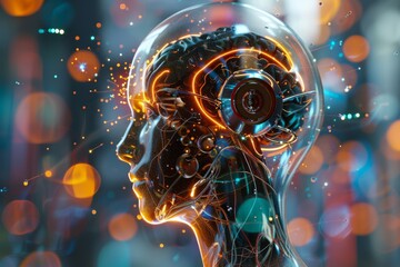 Fototapete - A 3D rendered depiction of an AI or robot with neural networks glowing, symbolizing advanced technology
