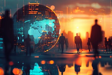 Poster - A bustling cityscape backdrop with a digital globe highlighting business connectivity and globalization