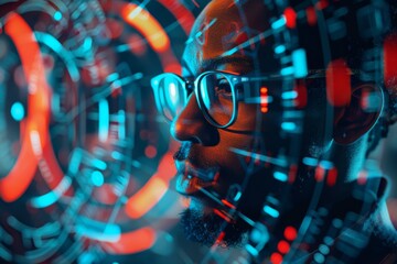 Fototapete - Featuring digital rings and patterns around an obscured human profile, this image evokes a cybernetic theme