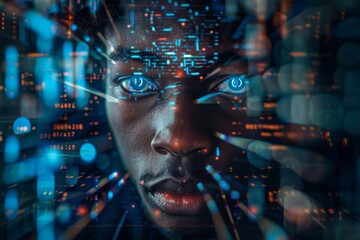 Poster - Blurred abstract image with vibrant blue technology theme and futuristic elements